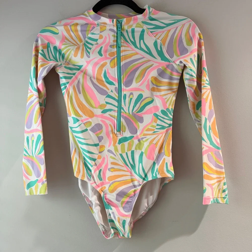Old Navy Rash Guard One Piece Girls L 10-12 Multicolor Tropical Zip Excellent